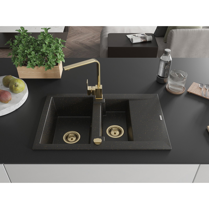 Mexen Gaspar Granitspüle 1,5-Becken mit Abtropffläche und Küchenarmatur Rita, schwarz/gold - 6507-75-670300-50