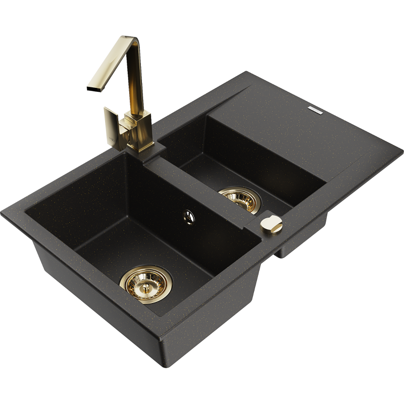 Mexen Gaspar Granitspüle 1,5-Becken mit Abtropffläche und Küchenarmatur Rita, schwarz/gold - 6507-75-670300-50