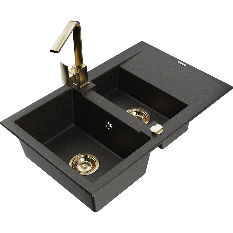 Mexen Gaspar Granitspüle 1,5-fach mit Abtropffläche und Küchenarmatur Rita, schwarz/gold - 6507-75-670300-50