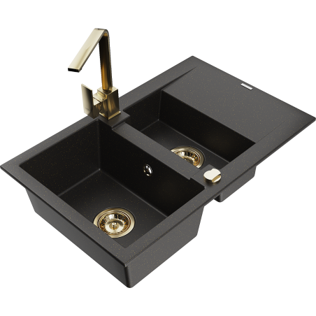 Mexen Gaspar Granitspüle 1,5-Becken mit Abtropffläche und Küchenarmatur Rita, schwarz/gold - 6507-75-670300-50