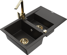 Mexen Gaspar Granitspüle 1,5-Becken mit Abtropffläche und Küchenarmatur Rita, schwarz/gold - 6507-75-670300-50