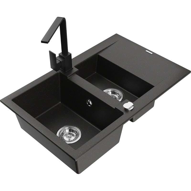 Mexen Gaspar Granitspüle 1,5-becken mit Abtropffläche und Küchenarmatur Rita, schwarz/gold - 6507-75-670300-70