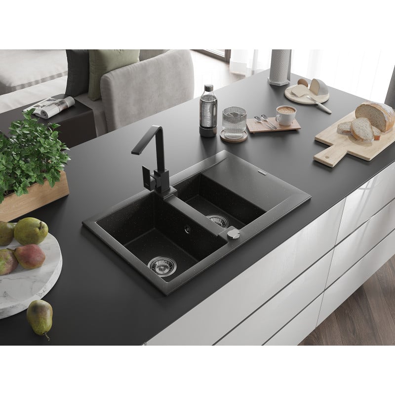 Mexen Gaspar Granitspüle 1,5-Kammer mit Abtropffläche und Küchenarmatur Rita, schwarz/gold - 6507-75-670300-70