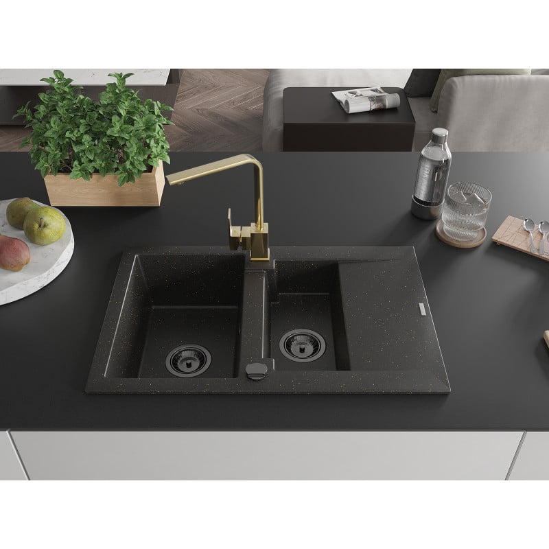 Mexen Gaspar Granitspüle 1,5 Becken mit Abtropffläche und Küchenarmatur Rita, schwarz/gold - 6507-75-670300-50-B