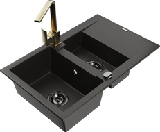 Mexen Gaspar Granitspüle 1,5 Becken mit Abtropffläche und Küchenarmatur Rita, schwarz/gold - 6507-75-670300-50-B