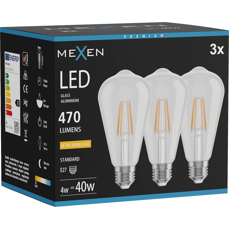 Mexen Vintis 3x LED-Filament-Glühbirne E27, ST64, 4W, Warm - 2200K, 470 lm, klar - L152-E27-0422-00x03