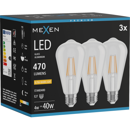 Mexen Vintis 3x LED-Filament-Glühbirne E27, ST64, 4W, Warm - 2200K, 470 lm, klar - L152-E27-0422-00x03