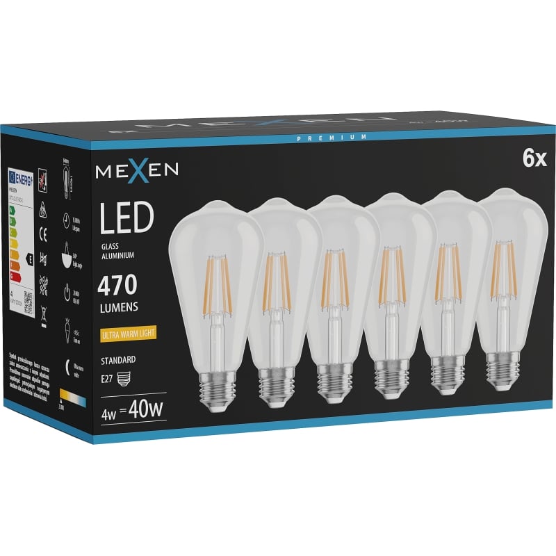Mexen Vintis 6x LED-Filament-Glühbirne E27, ST64, 4W, Warm - 2200K, 470 lm, klar - L152-E27-0422-00x06