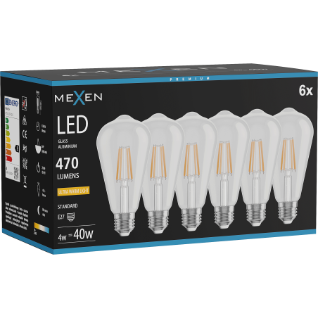 Mexen Vintis 6x LED-Filament-Glühbirne E27, ST64, 4W, Warm - 2200K, 470 lm, klar - L152-E27-0422-00x06
