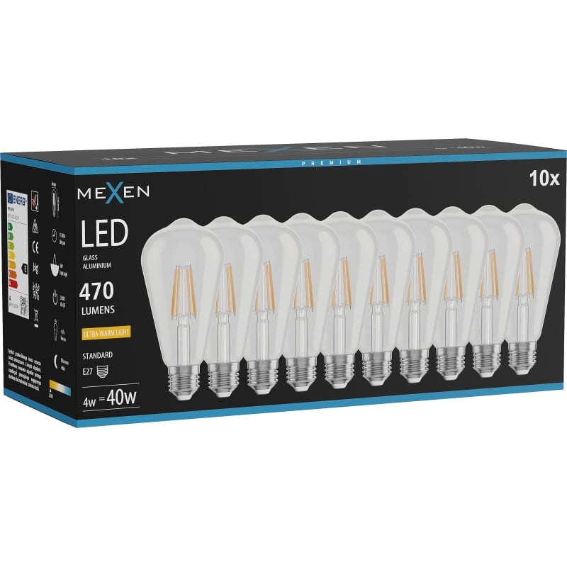 Mexen Vintis 10x LED-Filamentlampe E27, ST64, 4W, Warm - 2200K, 470 lm, klar - L152-E27-0422-00x10
