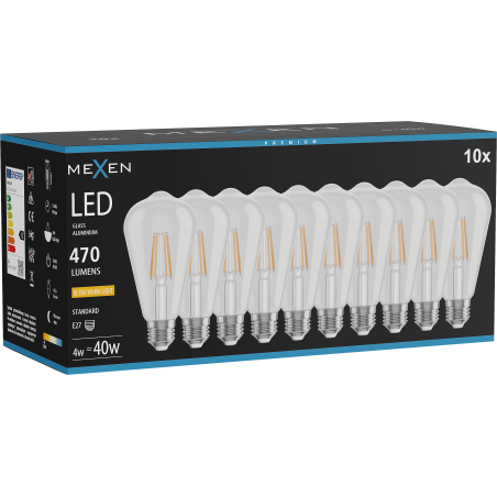 Mexen Vintis 10x LED-Filamentlampe E27, ST64, 4W, Warm - 2200K, 470 lm, klar - L152-E27-0422-00x10