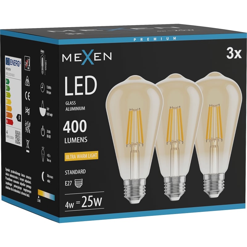 Mexen Vintis 3x LED-Filamentlampe E27, ST64, 4W, Warm - 2200K, 400 lm, bernstein - L152-E27-0422-50x03