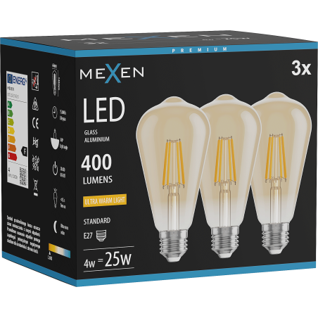 Mexen Vintis 3x LED-Filamentlampe E27, ST64, 4W, Warm - 2200K, 400 lm, bernstein - L152-E27-0422-50x03