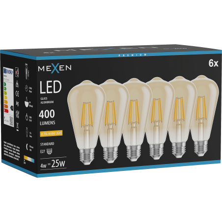 Mexen Vintis 6x LED-Filament-Glühbirne E27, ST64, 4W, Warm - 2200K, 400 lm, amber - L152-E27-0422-50x06