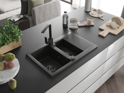 Mexen Gaspar Granitspüle 1,5-becken mit Abtropffläche und Küchenarmatur Rita, schwarz/gold - 6507-75-670300-70-B
