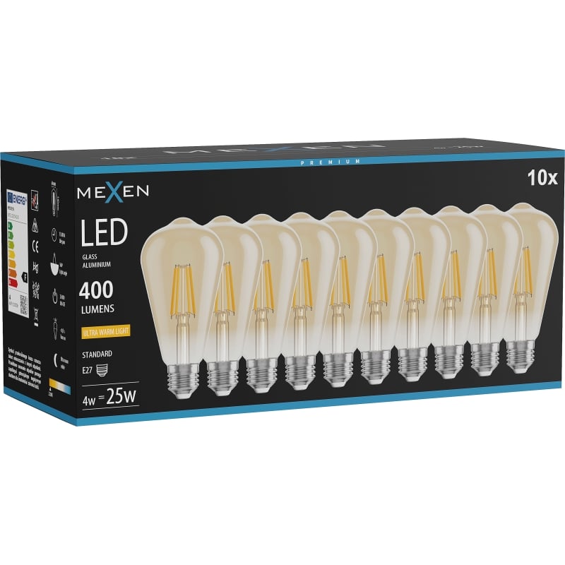 Mexen Vintis 10x LED-Filament-Glühbirne E27, ST64, 4W, Warm - 2200K, 400 lm, amber - L152-E27-0422-50x10