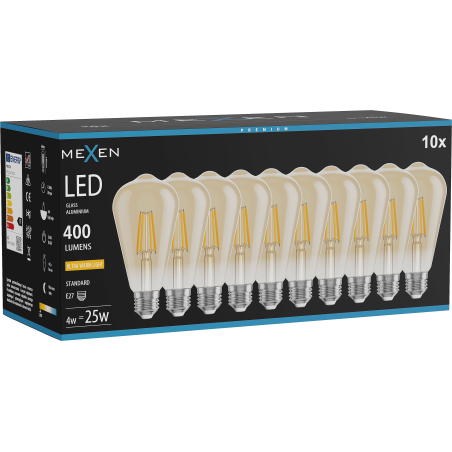 Mexen Vintis 10x LED-Filament-Glühbirne E27, ST64, 4W, Warm - 2200K, 400 lm, amber - L152-E27-0422-50x10