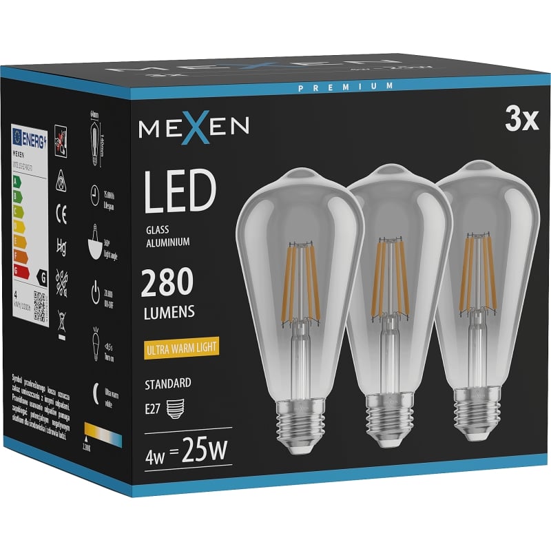 Mexen Vintis 3x LED-Filamentlampe E27, ST64, 4W, Warm - 2200K, 300 lm, Rauch - L152-E27-0422-70x03
