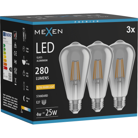 Mexen Vintis 3x LED-Filamentlampe E27, ST64, 4W, Warm - 2200K, 300 lm, Rauch - L152-E27-0422-70x03