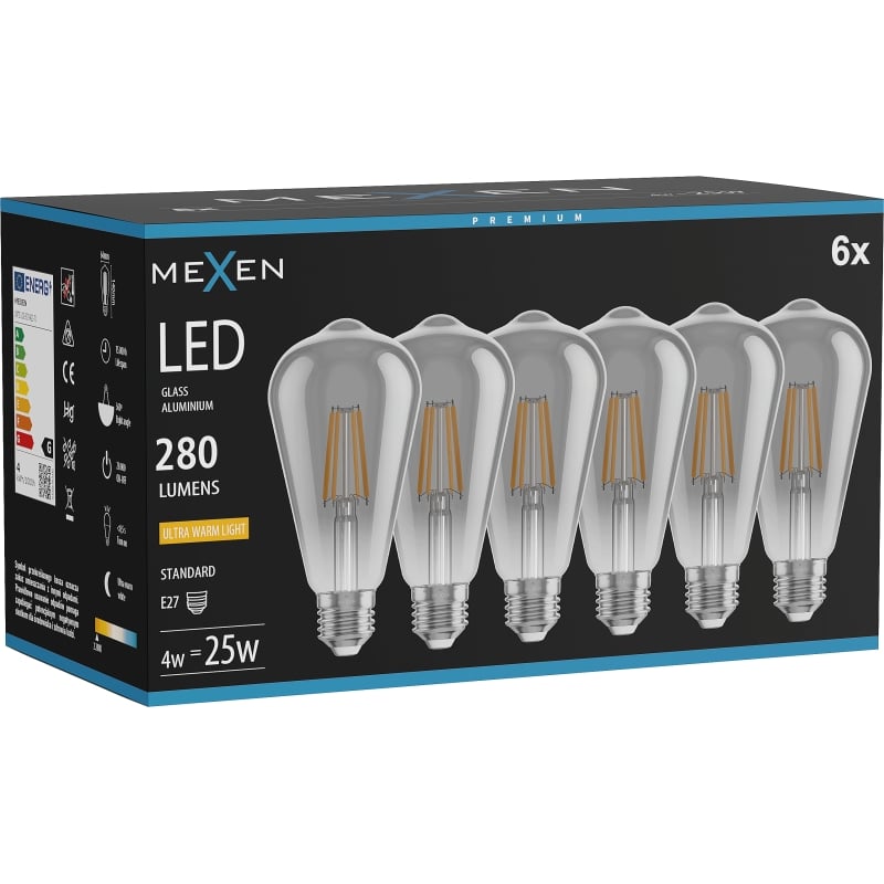 Mexen Vintis 6x LED-Filamentlampe E27, ST64, 4W, Warm - 2200K, 300 lm, smoke - L152-E27-0422-70x06