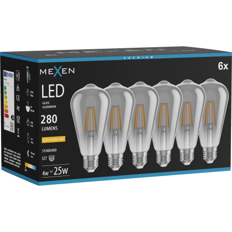 Mexen Vintis 6x LED-Filamentlampe E27, ST64, 4W, Warm - 2200K, 300 lm, smoke - L152-E27-0422-70x06