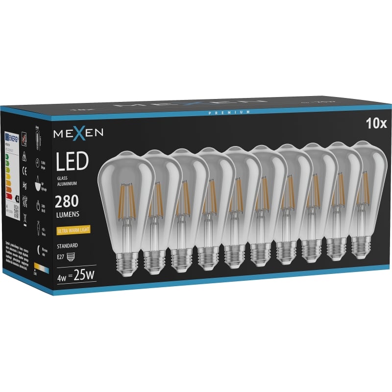 Mexen Vintis 10x Filament-LED-Glühbirne E27, ST64, 4W, Warm - 2200K, 300 lm, Rauch - L152-E27-0422-70x10