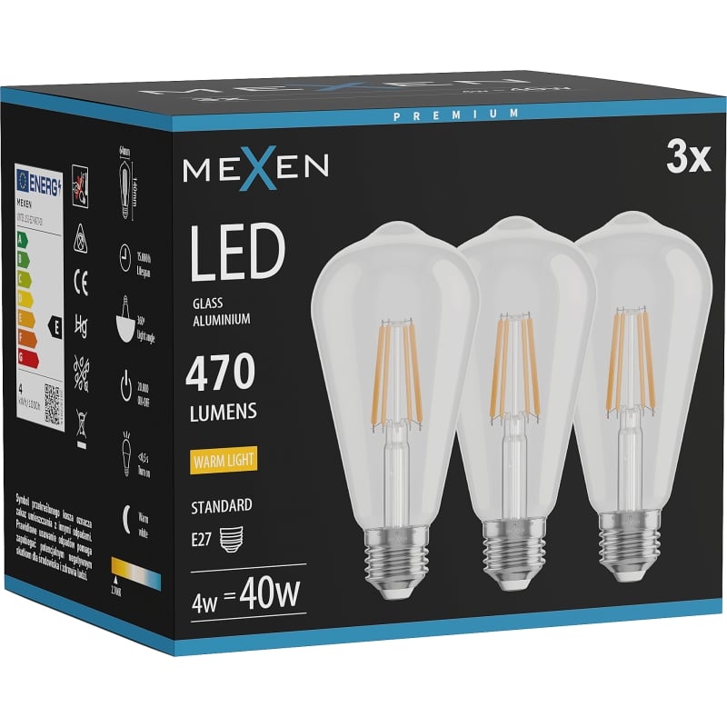 Mexen Vintis 3x LED-Filamentlampe E27, ST64, 4W, Warm - 2700K, 470 lm, klar - L152-E27-0427-00x03