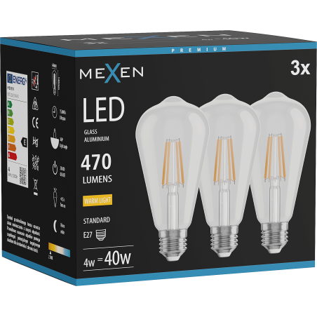 Mexen Vintis 3x LED-Filamentlampe E27, ST64, 4W, Warm - 2700K, 470 lm, klar - L152-E27-0427-00x03