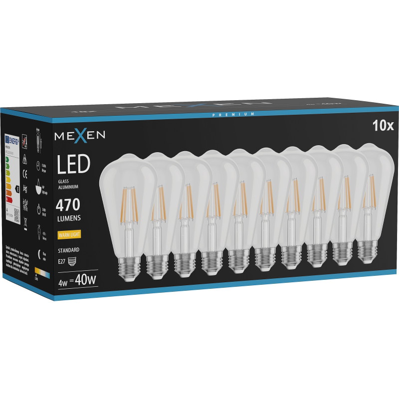 Mexen Vintis 10x LED-Filament-Glühbirne E27, ST64, 4W, Warm - 2700K, 470 lm, klar - L152-E27-0427-00x10