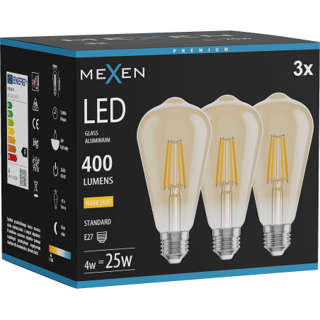 Mexen Vintis 3x LED-Filament-Glühbirne E27, ST64, 4W, Warm - 2700K, 400 lm, Bernstein - L152-E27-0427-50x03
