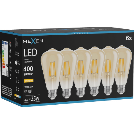 Mexen Vintis 6x LED-Filament-Glühbirne E27, ST64, 4W, Warm - 2700K, 400 lm, Amber - L152-E27-0427-50x06