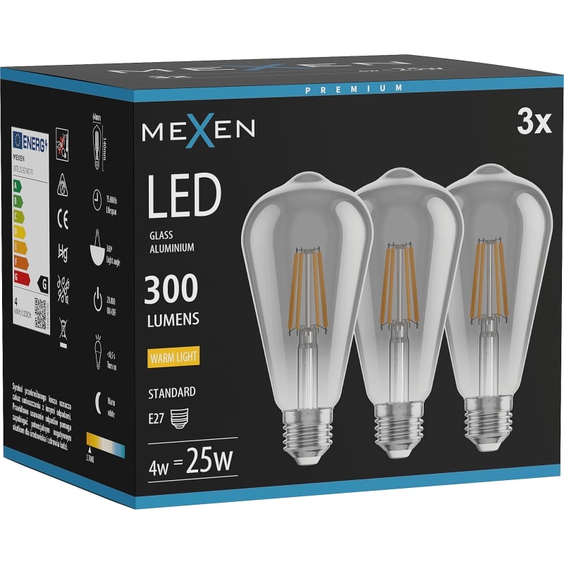 Mexen Vintis 3x LED-Filament-Glühbirne E27, ST64, 4W, Warm - 2700K, 300 lm, Rauch - L152-E27-0427-70x03