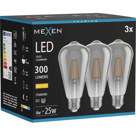 Mexen Vintis 3x LED-Filament-Glühbirne E27, ST64, 4W, Warm - 2700K, 300 lm, Rauch - L152-E27-0427-70x03