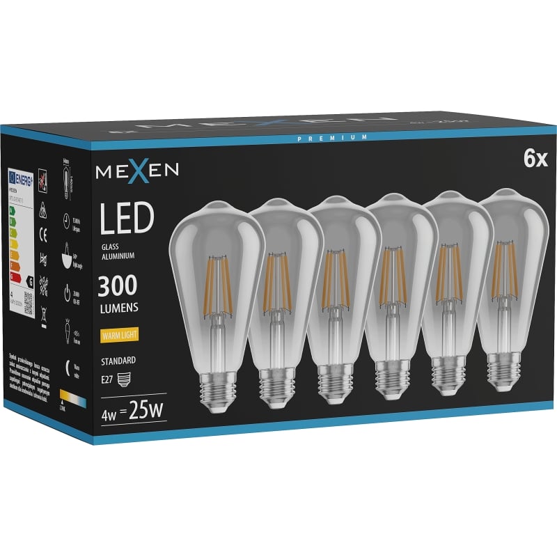 Mexen Vintis 6x LED-Filament-Glühbirne E27, ST64, 4W, Warm - 2700K, 300 lm, Smoke - L152-E27-0427-70x06
