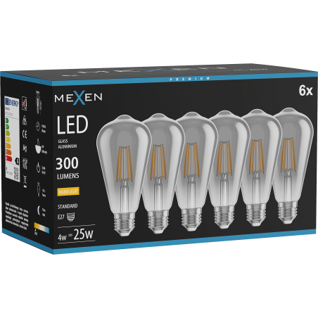 Mexen Vintis 6x LED-Filament-Glühbirne E27, ST64, 4W, Warm - 2700K, 300 lm, Smoke - L152-E27-0427-70x06