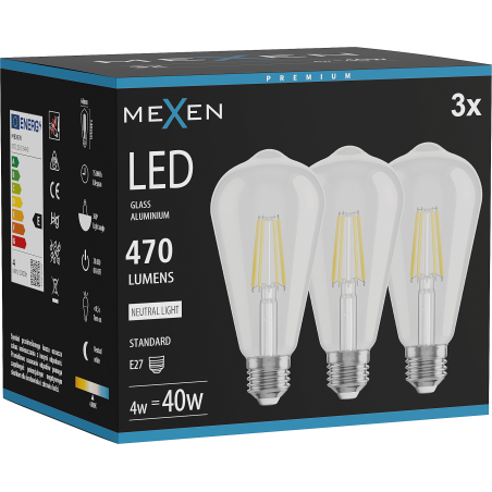 Mexen Vintis 3x LED Filamentlampe E27, ST64, 4W, Neutral - 4000K, 470 lm, klar - L152-E27-0440-00x03