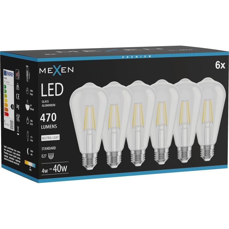 Mexen Vintis 6x LED-Filamentlampe E27, ST64, 4W, Neutral - 4000K, 470 lm, klar - L152-E27-0440-00x06