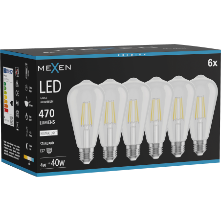 Mexen Vintis 6x LED-Filamentlampe E27, ST64, 4W, Neutral - 4000K, 470 lm, klar - L152-E27-0440-00x06