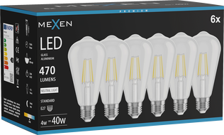Mexen Vintis 6x LED-Filamentlampe E27, ST64, 4W, Neutral - 4000K, 470 lm, klar - L152-E27-0440-00x06