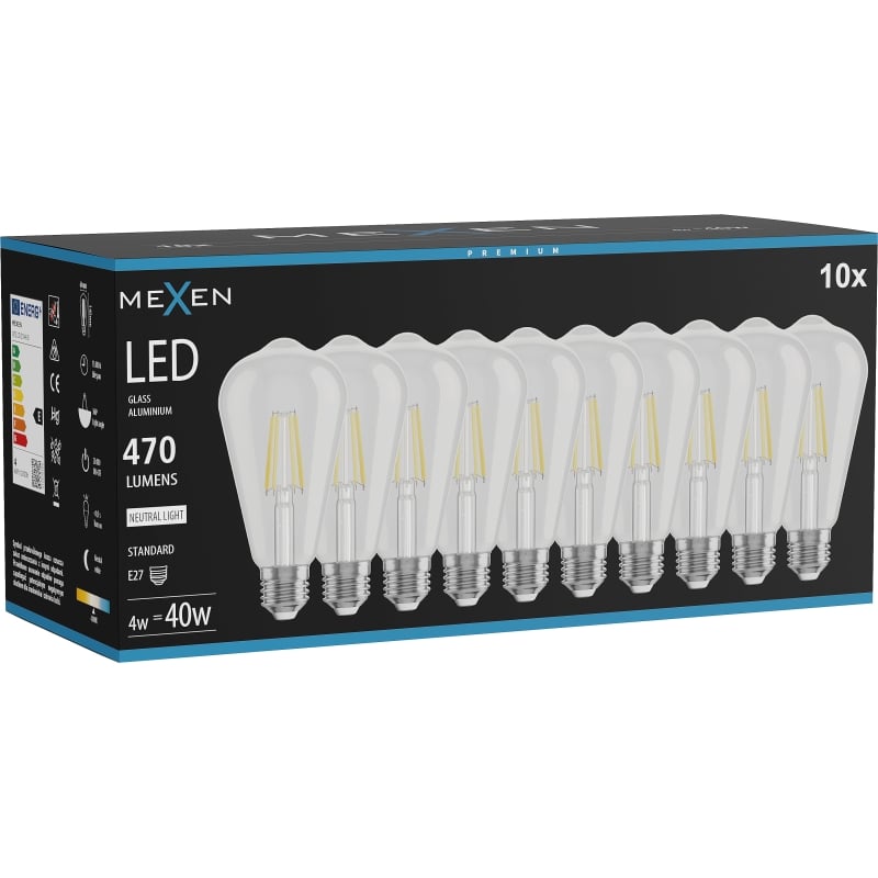 Mexen Vintis 10x LED-Filamentlampe E27, ST64, 4W, Neutral - 4000K, 470 lm, klar - L152-E27-0440-00x10