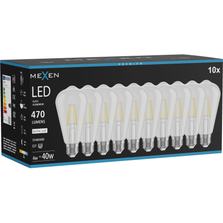 Mexen Vintis 10x LED-Filamentlampe E27, ST64, 4W, Neutral - 4000K, 470 lm, klar - L152-E27-0440-00x10
