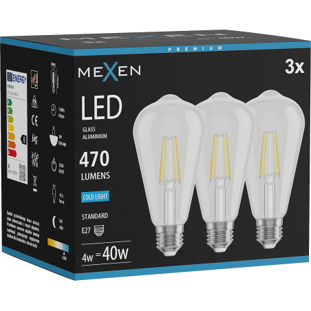 Mexen Vintis 3x LED-Filament-Glühbirne E27, ST64, 4W, Kalt - 6500K, 470 lm, klar - L152-E27-0465-00x03