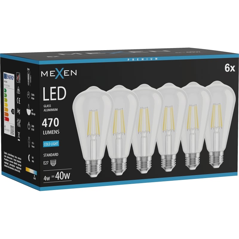 Mexen Vintis 6x LED-Filamentlampe E27, ST64, 4W, Kalt - 6500K, 470 lm, klar - L152-E27-0465-00x06