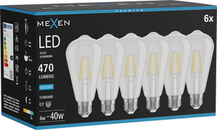 Mexen Vintis 6x LED-Filamentlampe E27, ST64, 4W, Kalt - 6500K, 470 lm, klar - L152-E27-0465-00x06