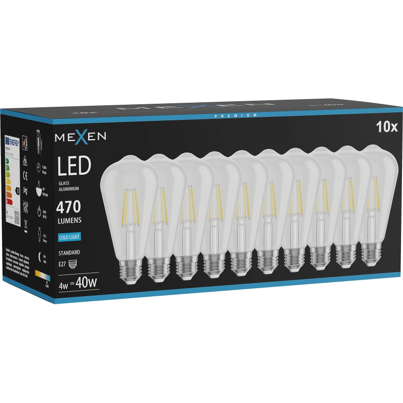 Mexen Vintis 10x LED-Filamentlampe E27, ST64, 4W, Kalt - 6500K, 470 lm, klar - L152-E27-0465-00x10