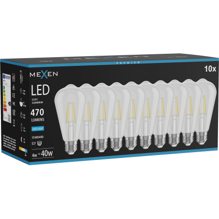 Mexen Vintis 10x LED-Filamentlampe E27, ST64, 4W, Kalt - 6500K, 470 lm, klar - L152-E27-0465-00x10