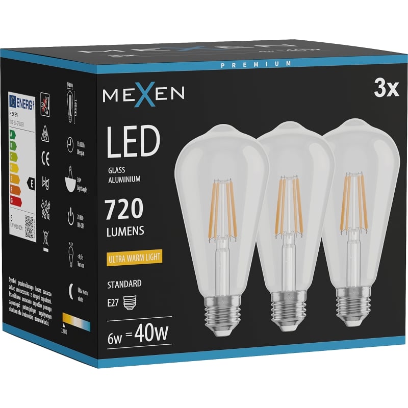 Mexen Vintis 3x LED-Filamentlampe E27, ST64, 6W, Warm - 2200K, 720 lm, klar - L152-E27-0622-00x03