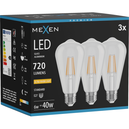 Mexen Vintis 3x LED-Filamentlampe E27, ST64, 6W, Warm - 2200K, 720 lm, klar - L152-E27-0622-00x03