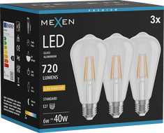 Mexen Vintis 3x LED-Filamentlampe E27, ST64, 6W, Warm - 2200K, 720 lm, klar - L152-E27-0622-00x03