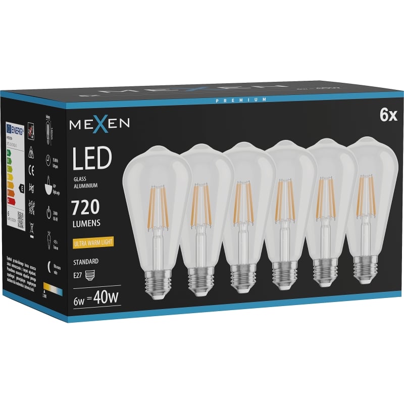 Mexen Vintis 6x LED-Filamentlampe E27, ST64, 6W, Warm - 2200K, 720 lm, klar - L152-E27-0622-00x06